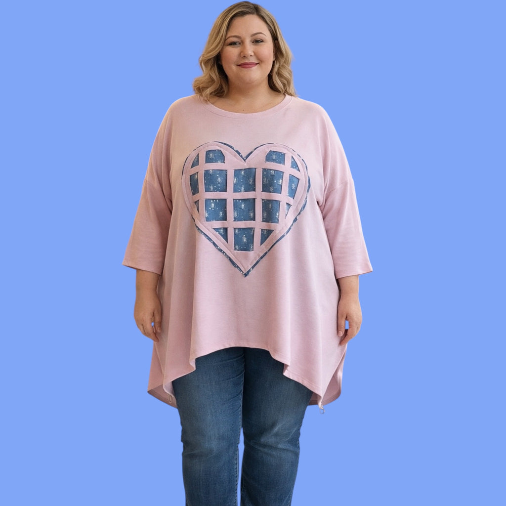 Sweatshirt roze met jeans hart mt 50-52 en 54