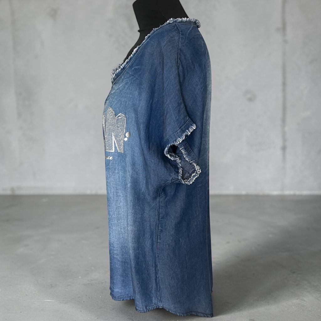 Jeans shirt met zilveren opdruk maat 38-40