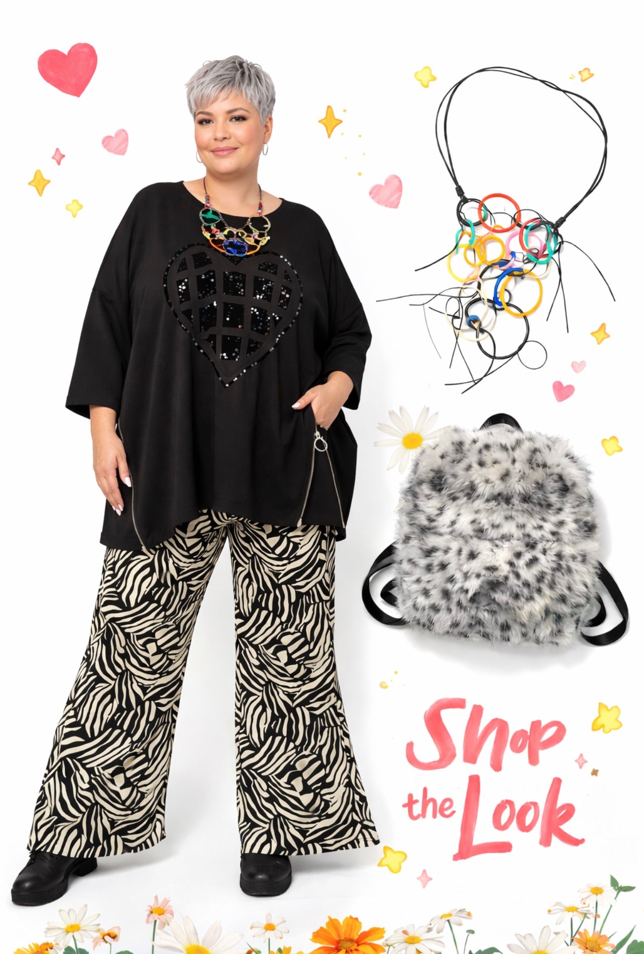 Maelle flair broek zwart/wit mt 52/54 en 56/58