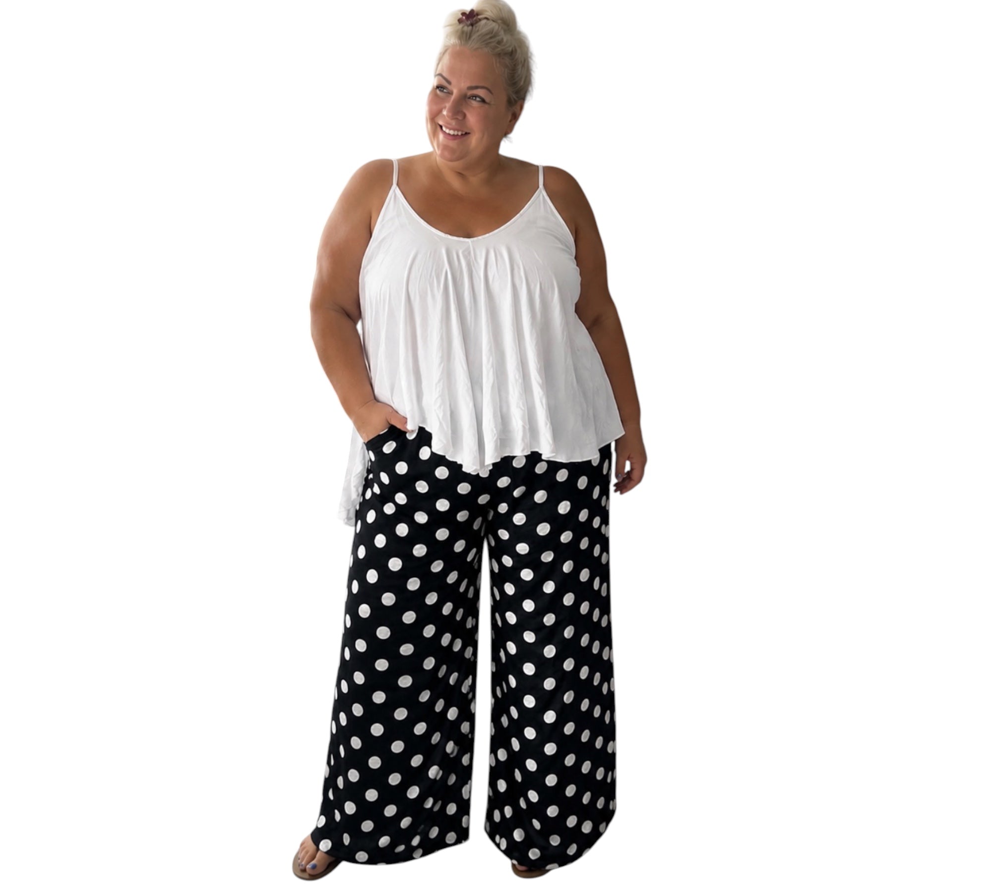 Wijde polka dot broek One size past voor maat 48 tot 52/54