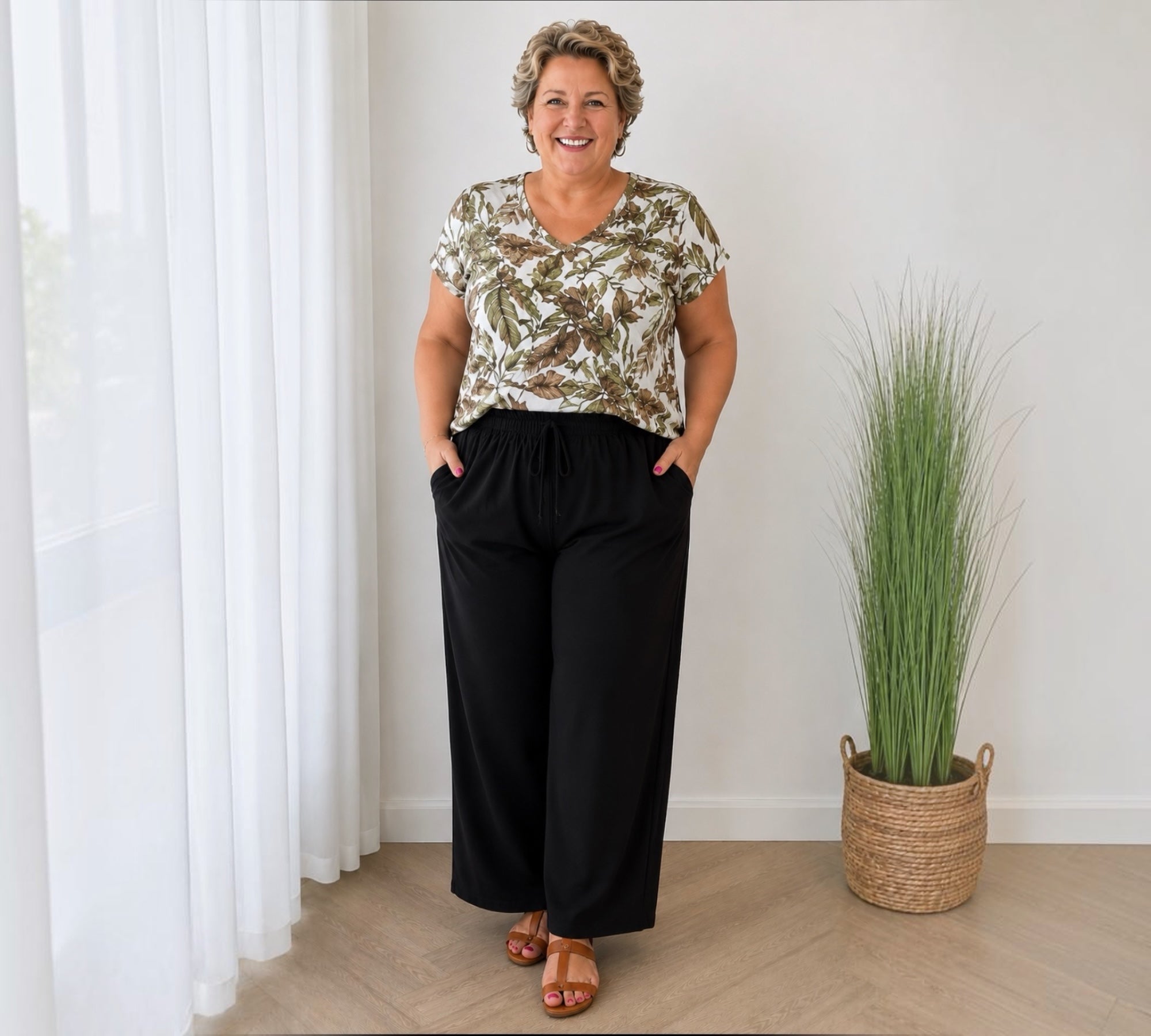 Broek stretch rechte iets wijdere pijpen in zwart en bruin past voor maat 48-50-52-54