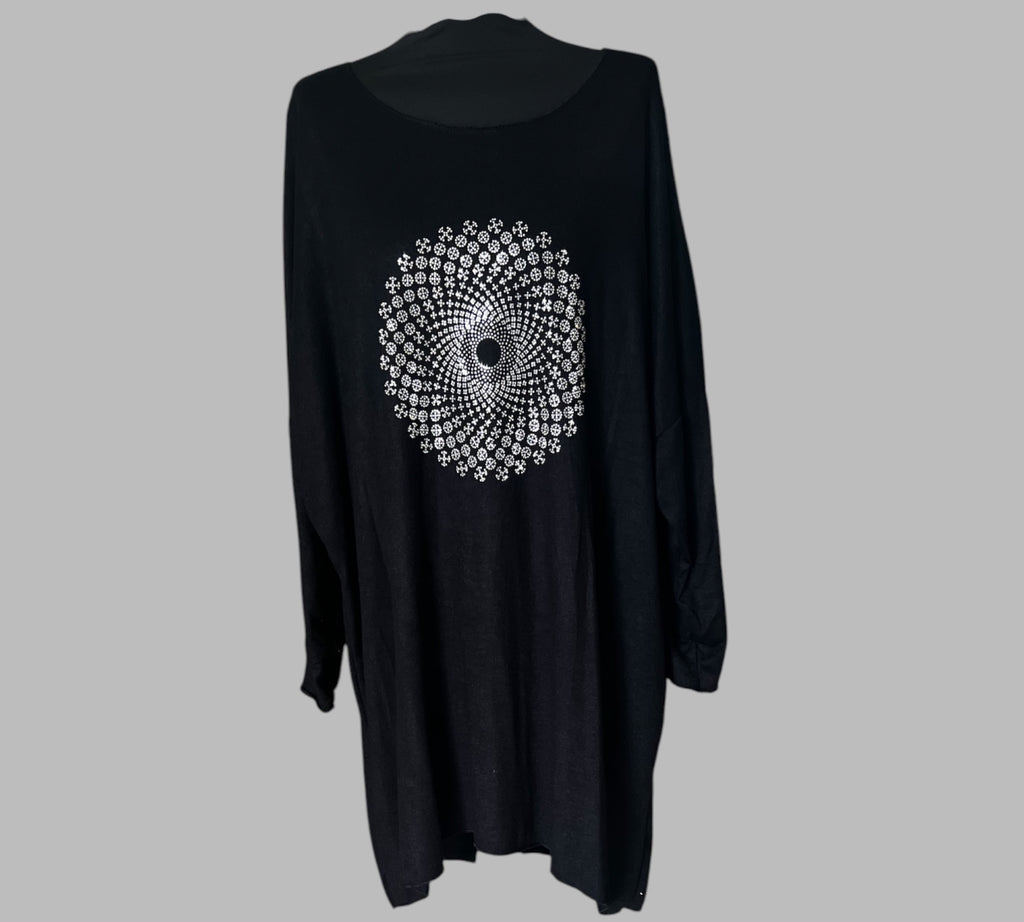 Lang Shirt zwart met zilveren applicatie One size