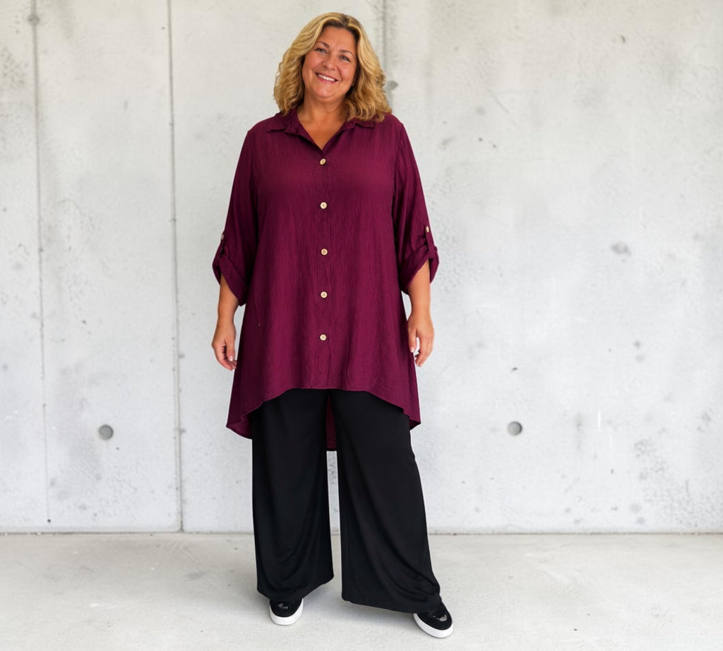 Lange blouse bordeaux rood Plus size tot maat 58
