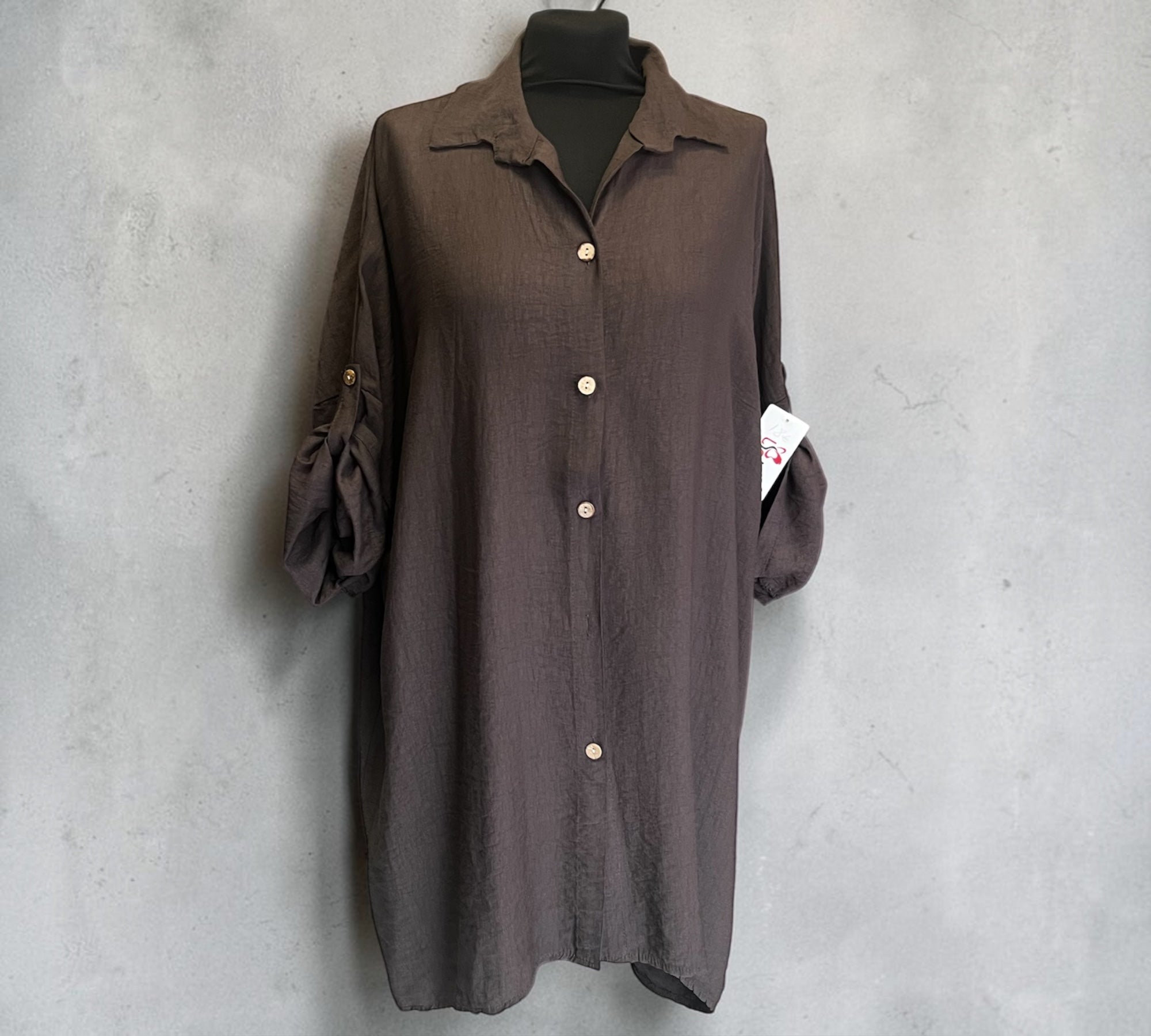 Lange blouse bruin Plus size past tot maat 58