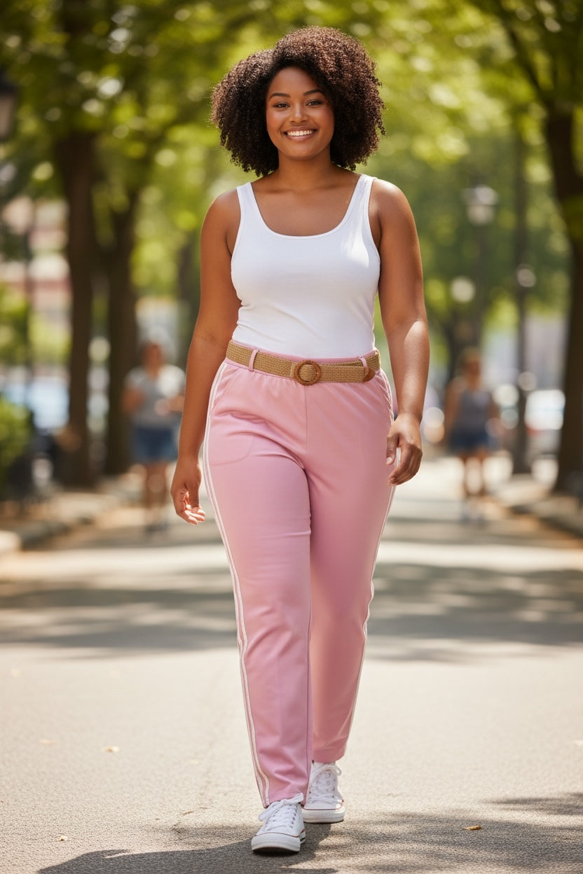 Jogginghose in Hellrosa, Größe 48-50-52, mit weißen Seitenstreifen.