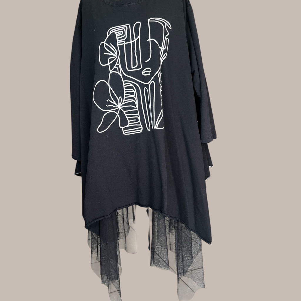 Alijn shirt met opdruk en onder tule Plus size past tot maat  58