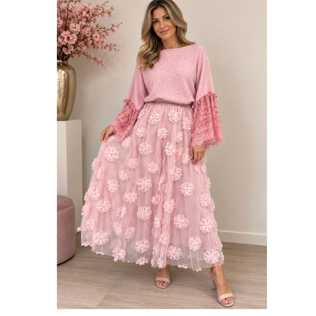 Tule rok roze met bloemen  One size past voor maat 38-40-42