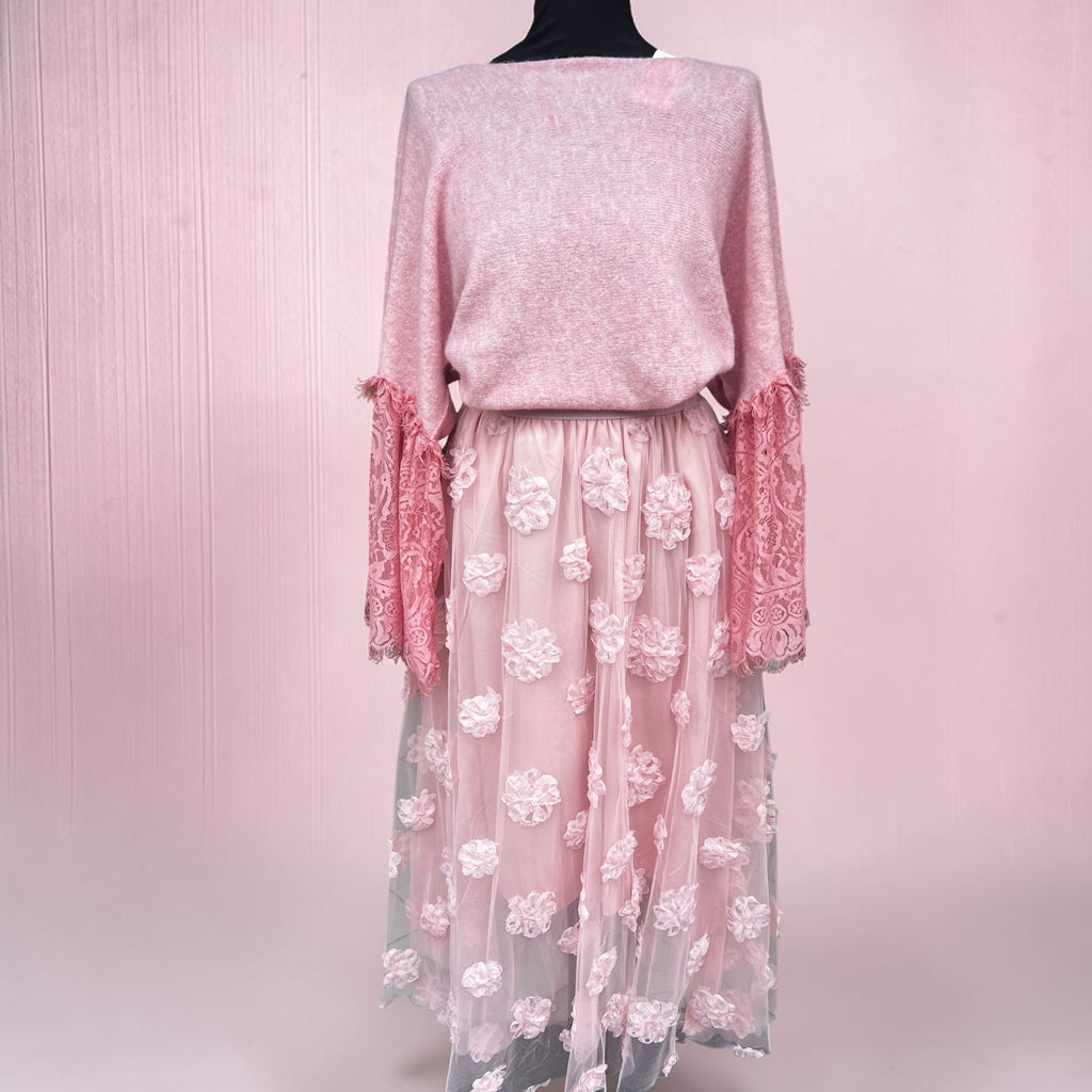 Tule rok roze met bloemen  One size past voor maat 38-40-42