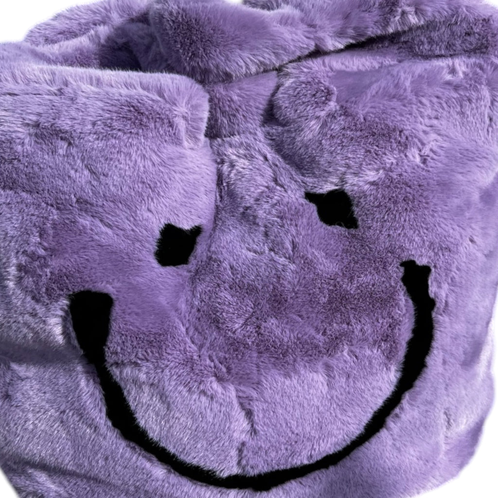 Grote fake bont tas met smiley in paars