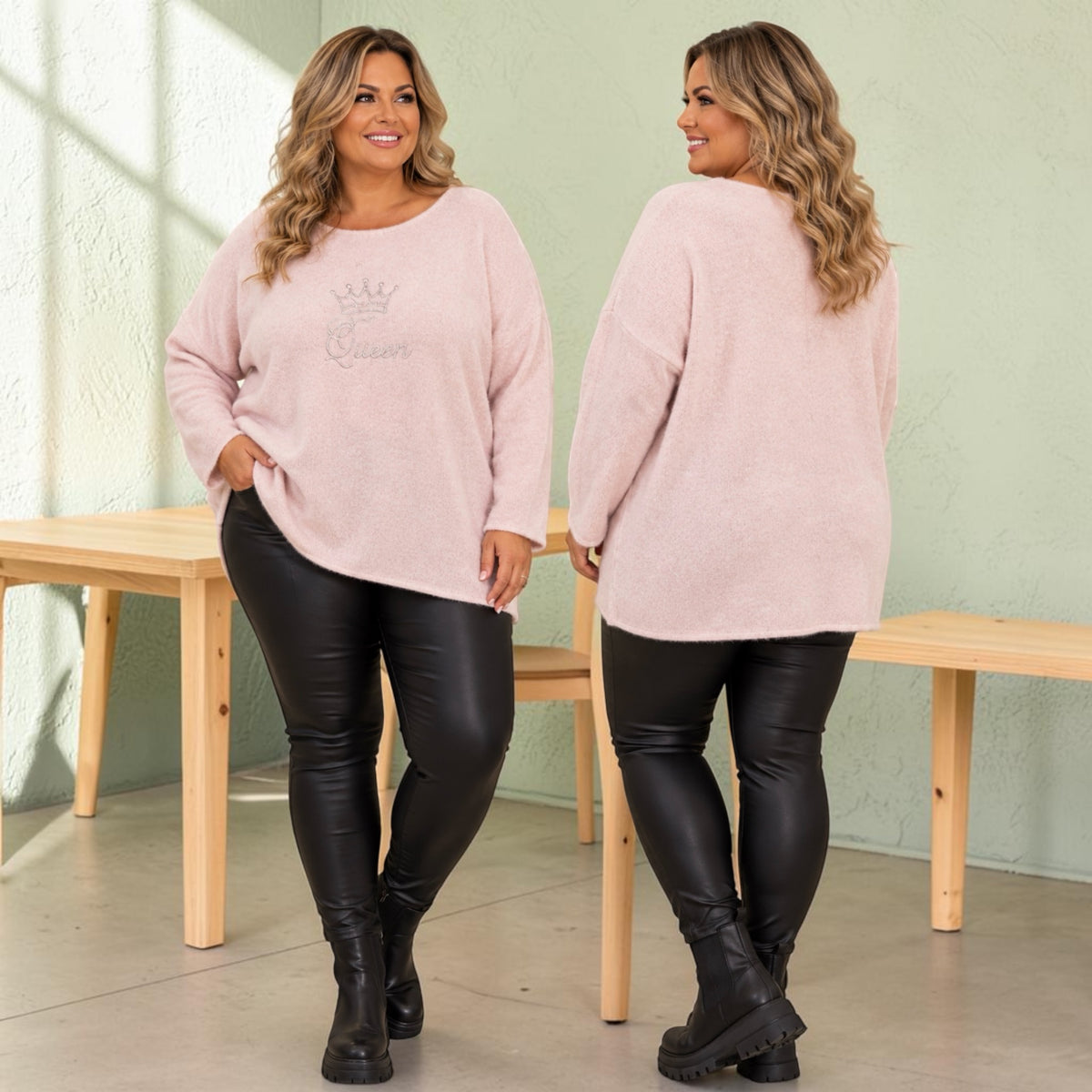 Dunne trui met QUEEN  roze met zilver Plus size  tot maat 58