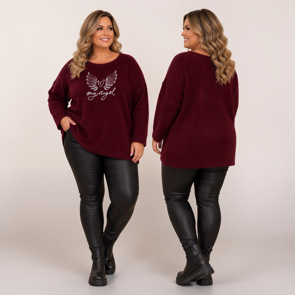 Zachte ruime trui bordeaux met zilver One Size past voor mt  48 tot 58
