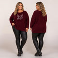 Zachte ruime trui bordeaux met zilver One Size past voor mt  48 tot 58