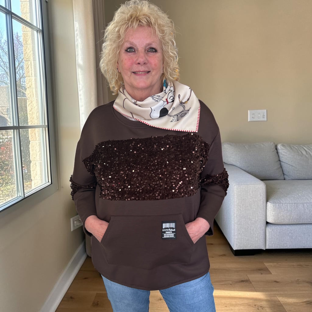 Sweatshirt bruin met pailletten One size past tot maat 46