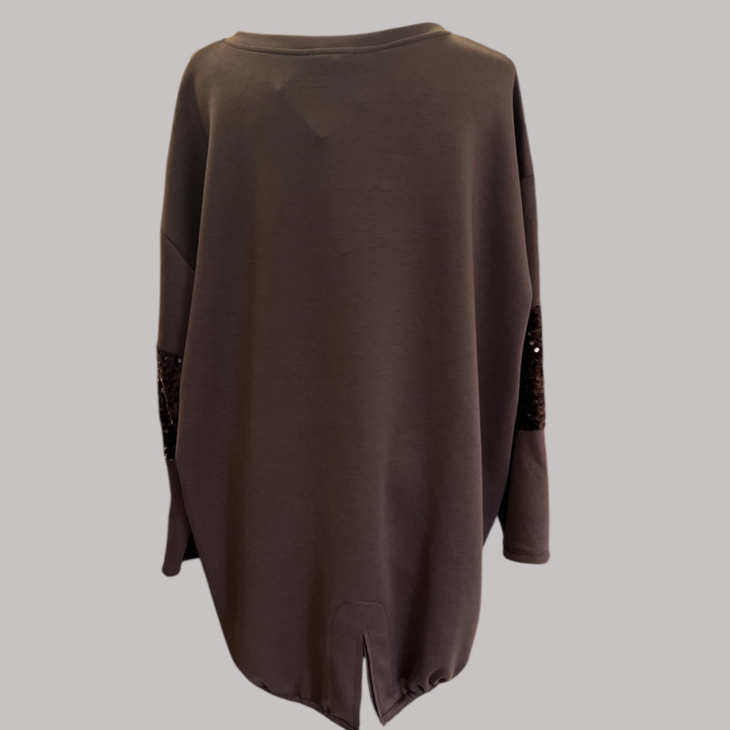 Sweatshirt bruin met pailletten One size past tot maat 46