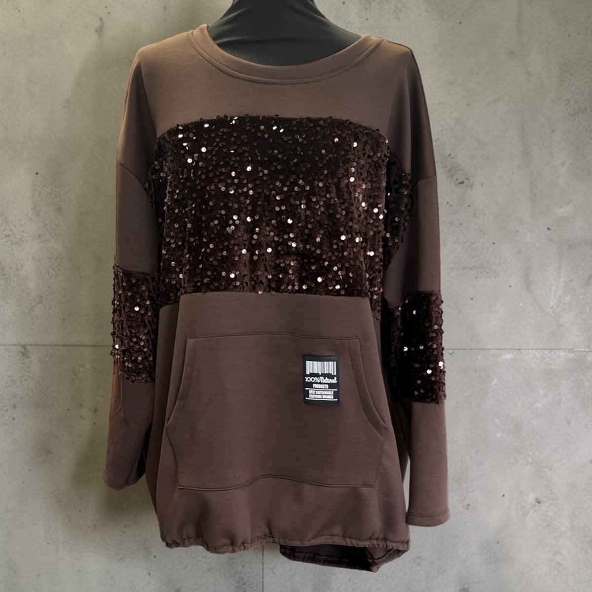 Sweatshirt bruin met pailletten One size past tot maat 46