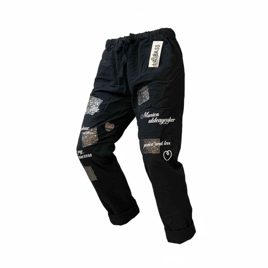 La Bass Jogger zwart met opdruk past voor maat 50-52-54