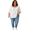 Carmen blouse met wijde roezel mouw One size voor maat 50-52-54-56