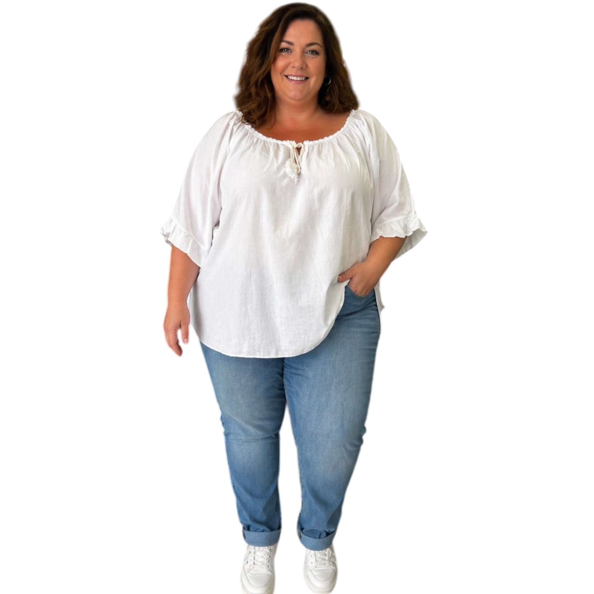 Carmen blouse met wijde roezel mouw One size voor maat 50-52-54-56