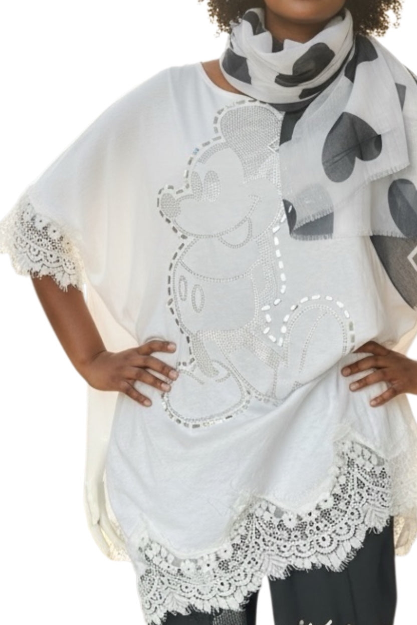 T shirt met Mickey Mouse in glitter en kanten details Plus Size