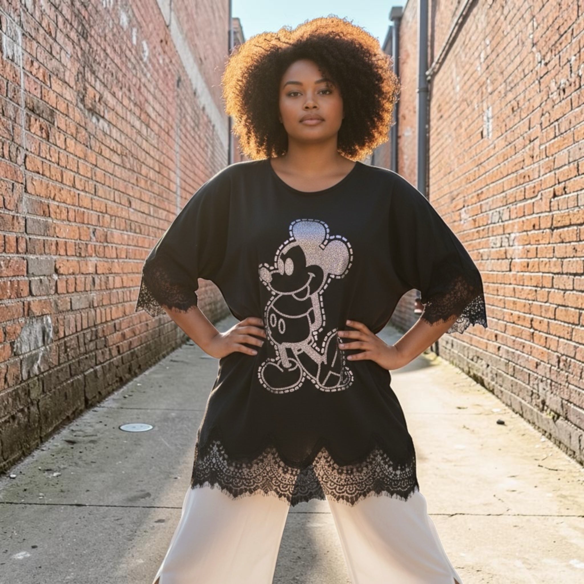 Shirt zwart Mickey Mouse glitter met kanten details Plus Size