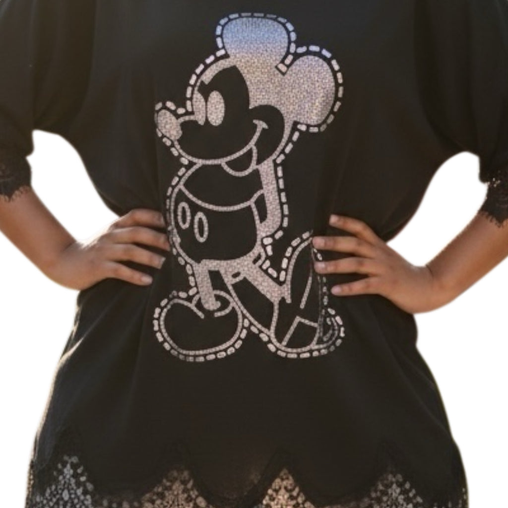 Shirt zwart Mickey Mouse glitter met kanten details Plus Size