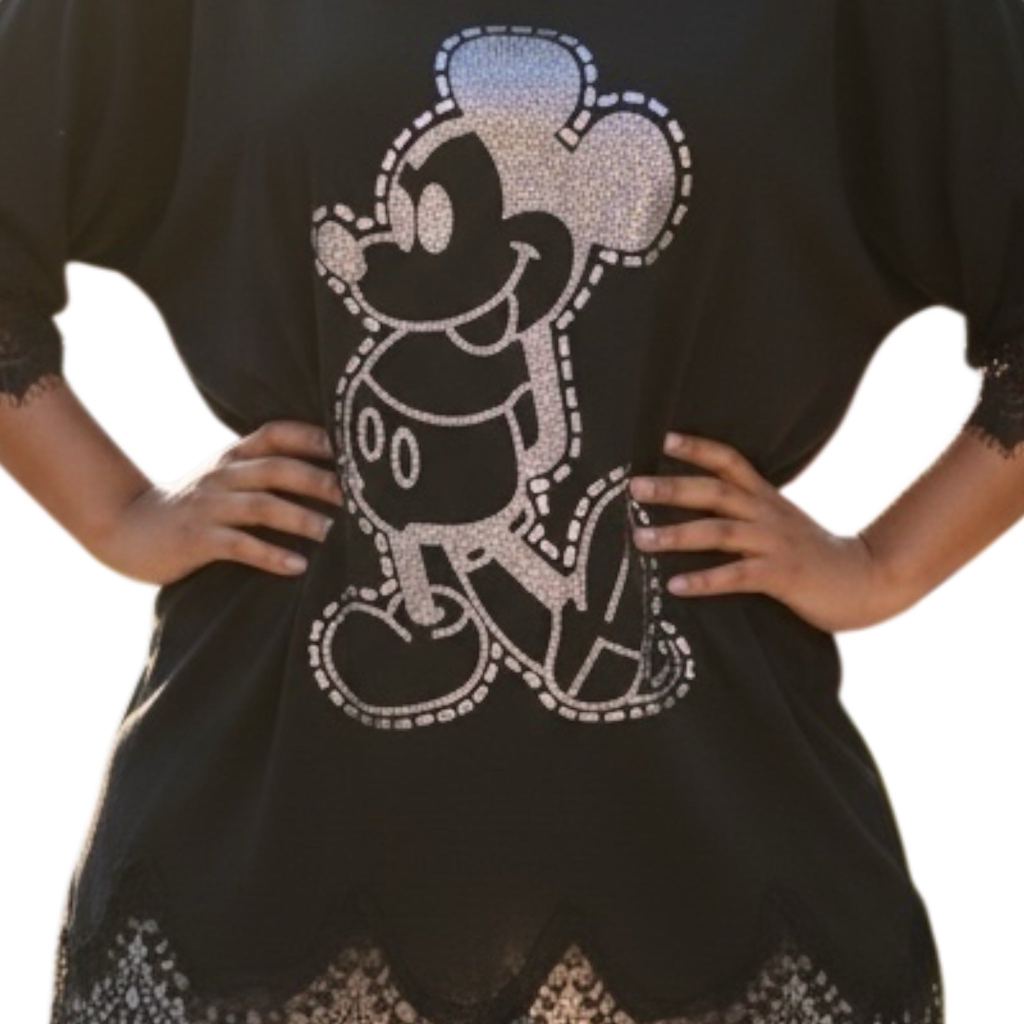 Shirt zwart Mickey Mouse glitter met kanten details Plus Size