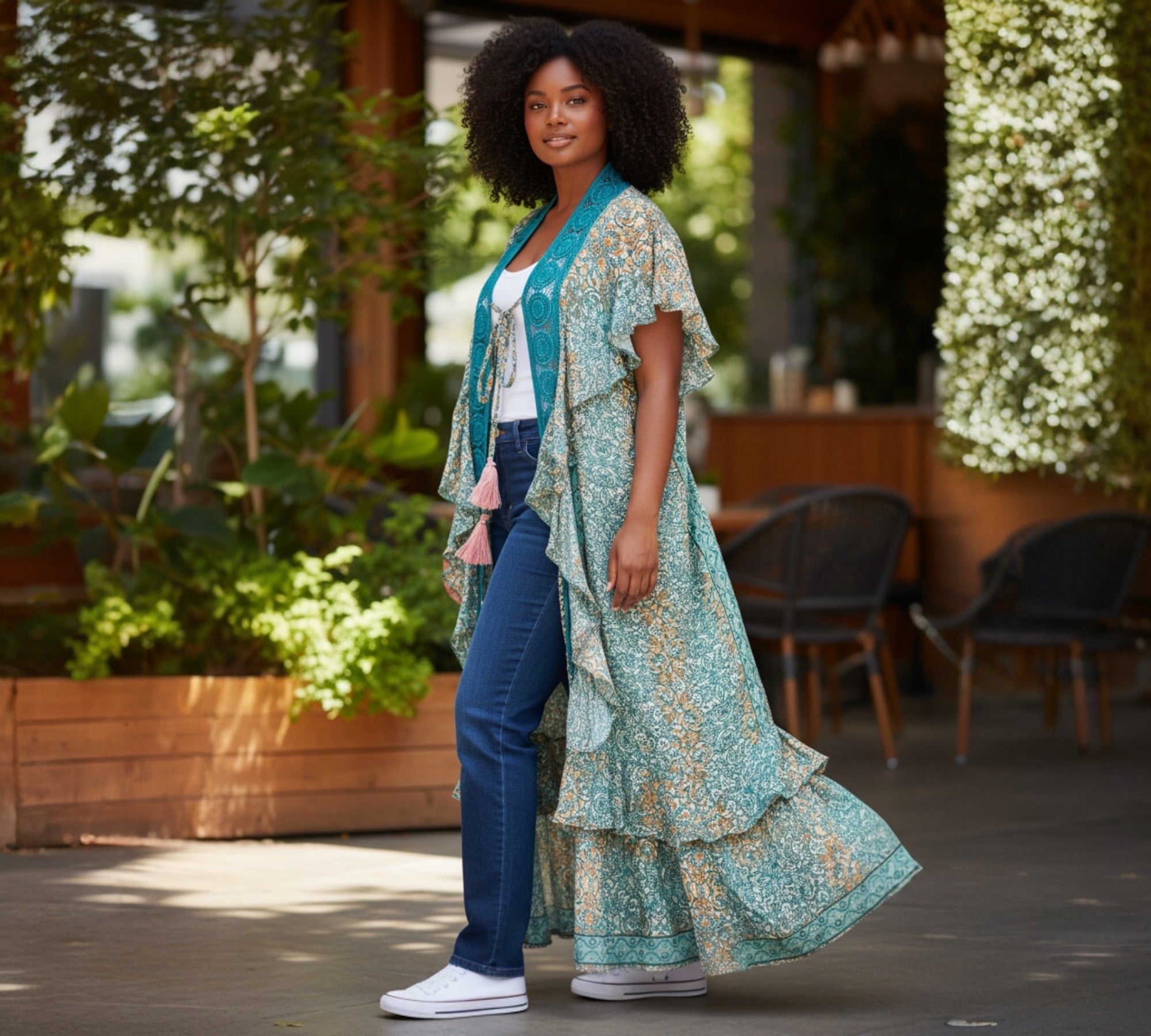 Kimono met foezel zijde met viscose One sizepast voor  mt 48 tot 52