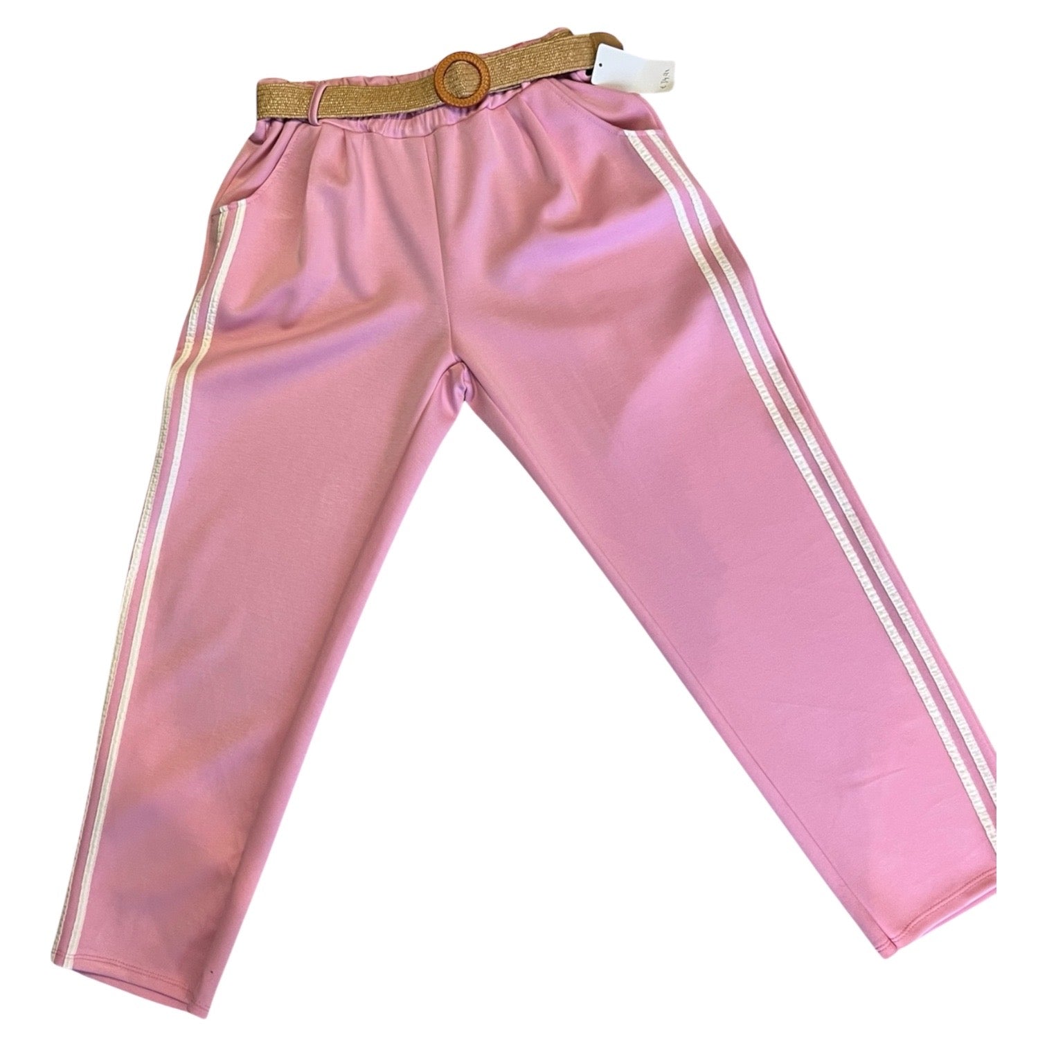 Jogger licht roze mt 48-50-52 met witte strepen zijkant