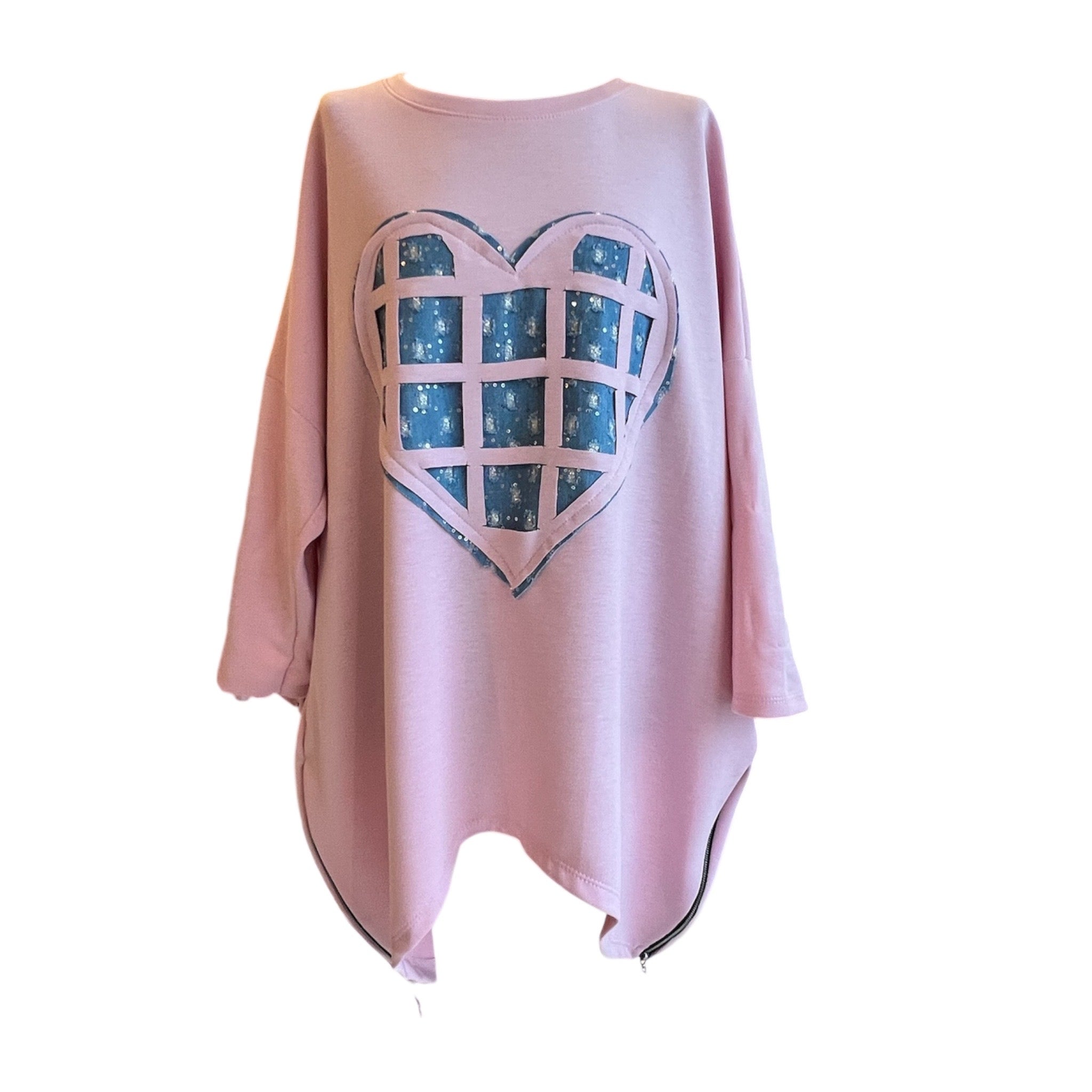 Sweatshirt roze met jeans hart mt 50-52 en 54