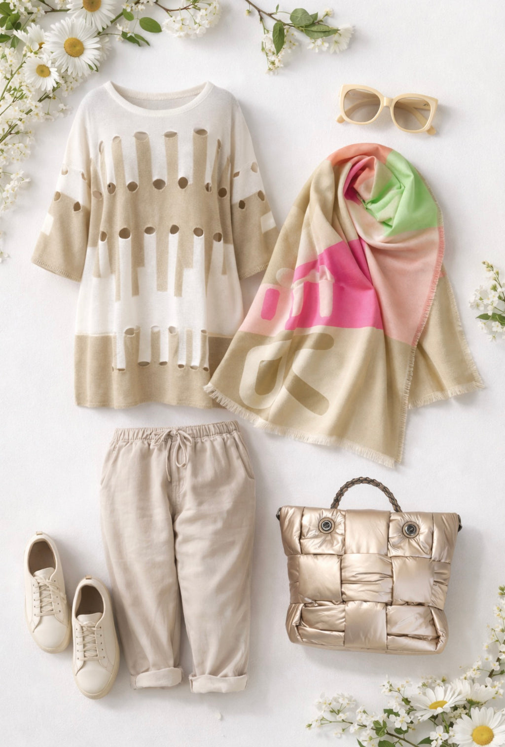 Ruime dunne ruime trui beige  /wit met gaten een maat tot maat 58