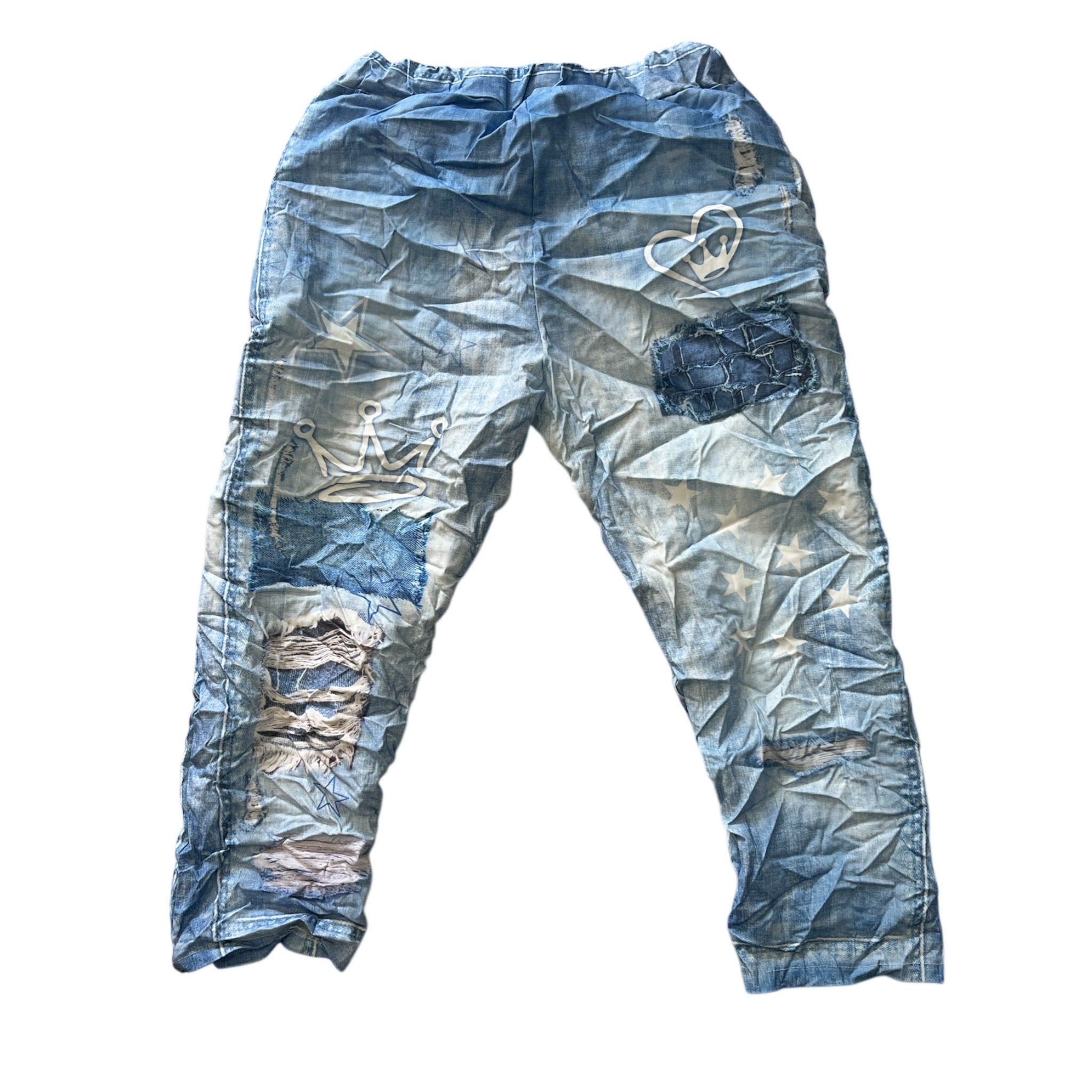 Jogger in jeansoptie kleur met opdruk past voor maat 50-52 kleine54