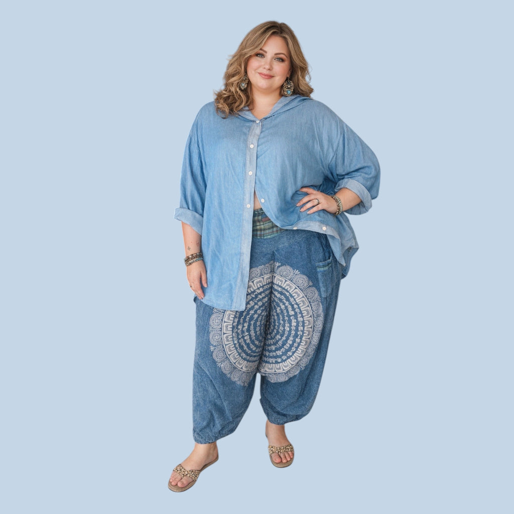 Jeans blouse met Mickey Mouse achter One size -Plus size