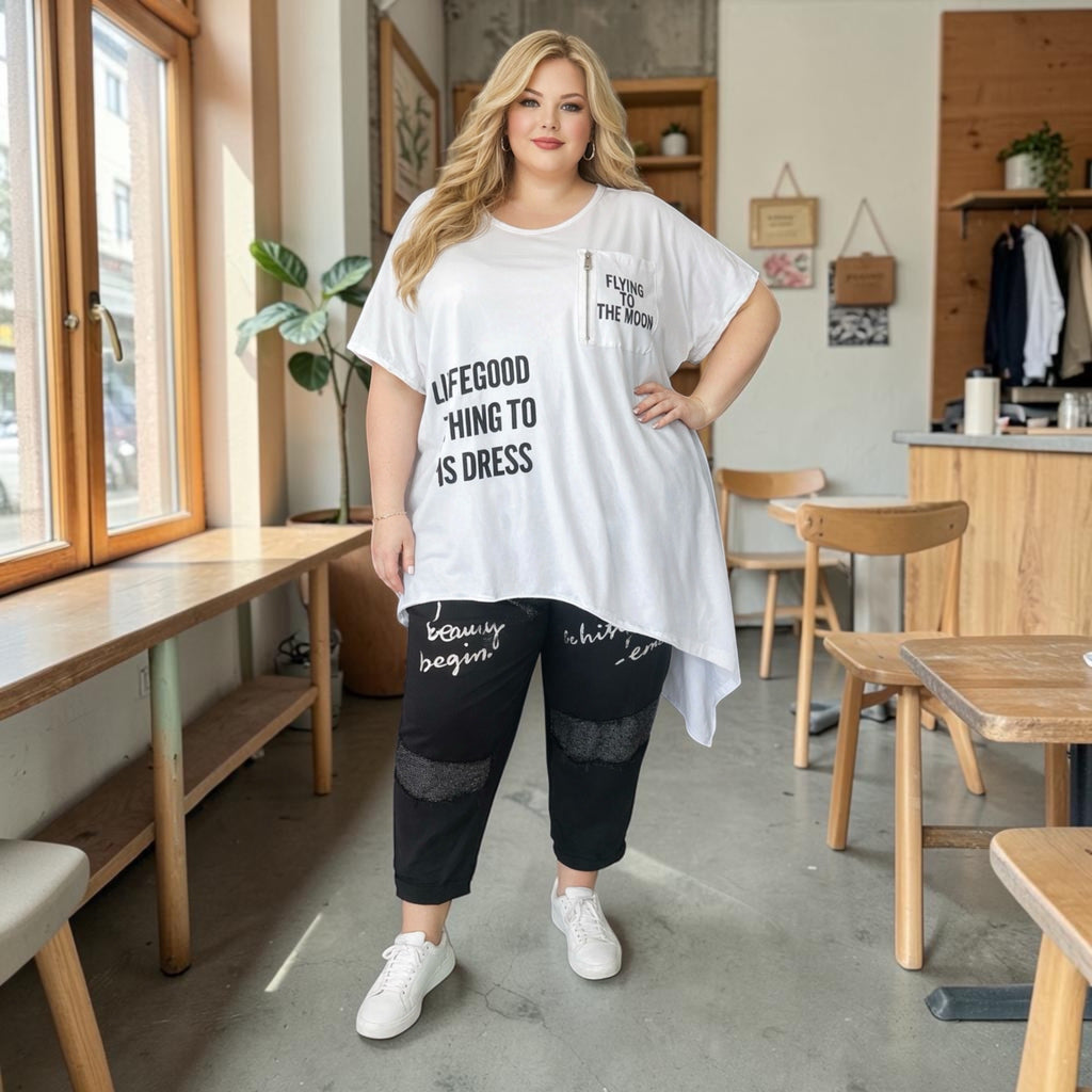 Asymmetrisch T-shirt wit met opdruk One size- Plus size
