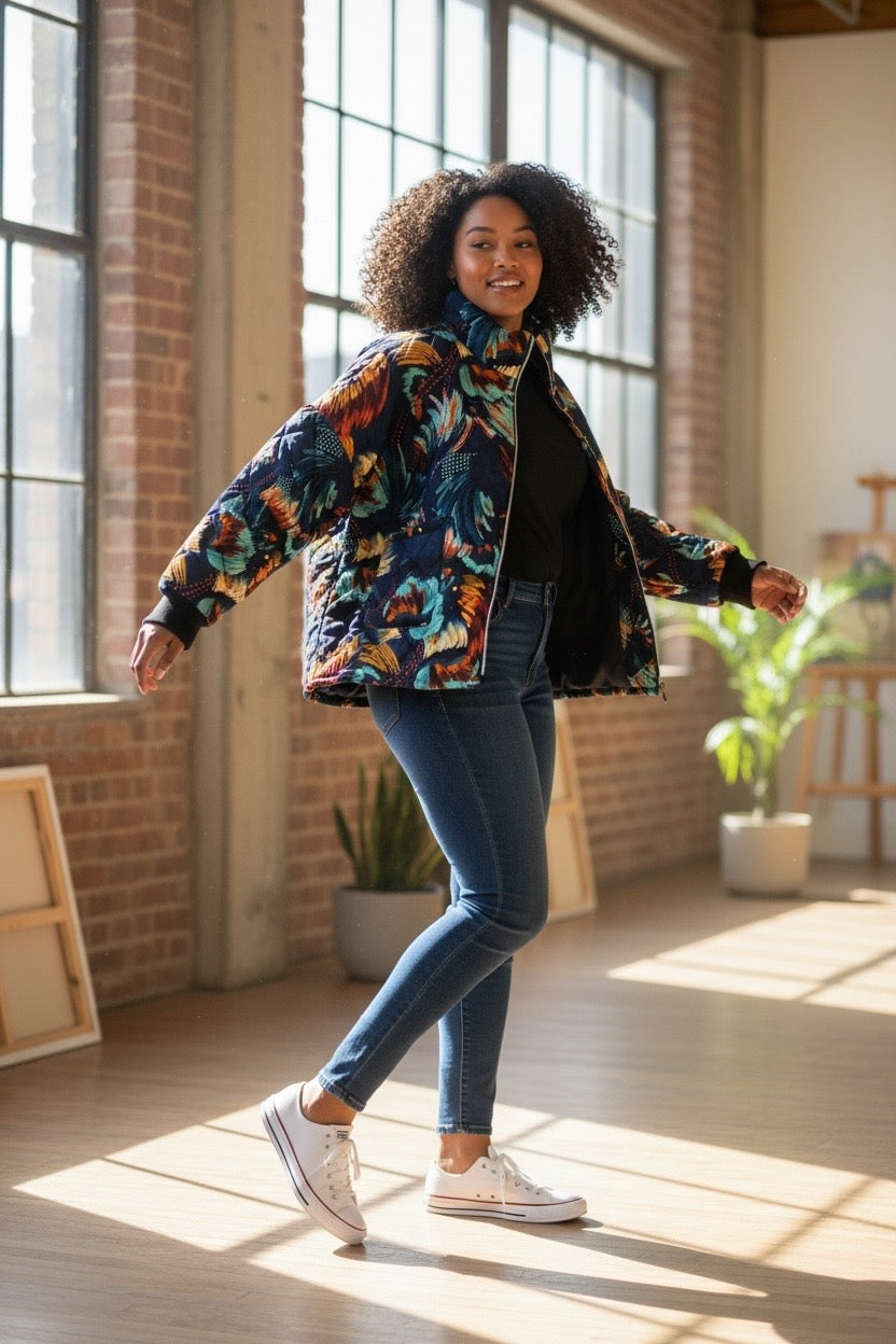 Dunne kleurrijke jas On size past voor maat 52 tot en met 58