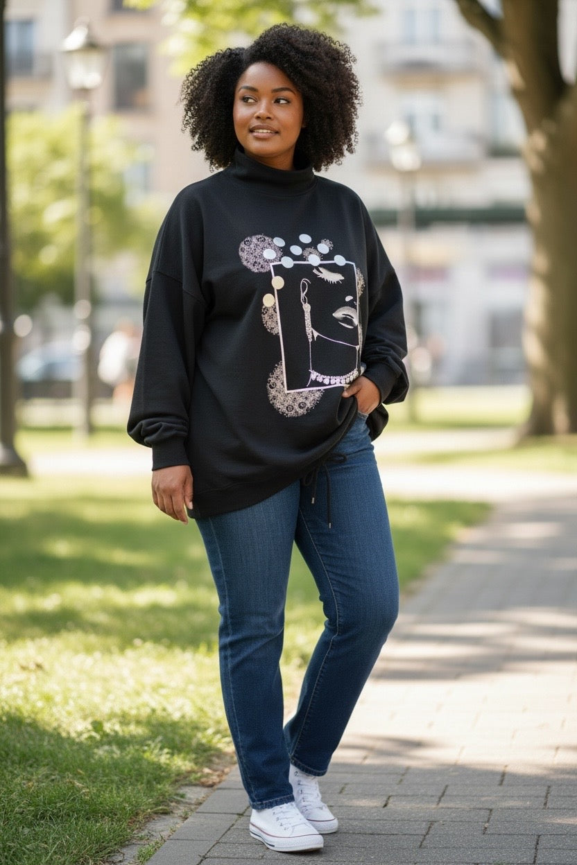 Ruime trui  zwart One Size zilveren opdruk