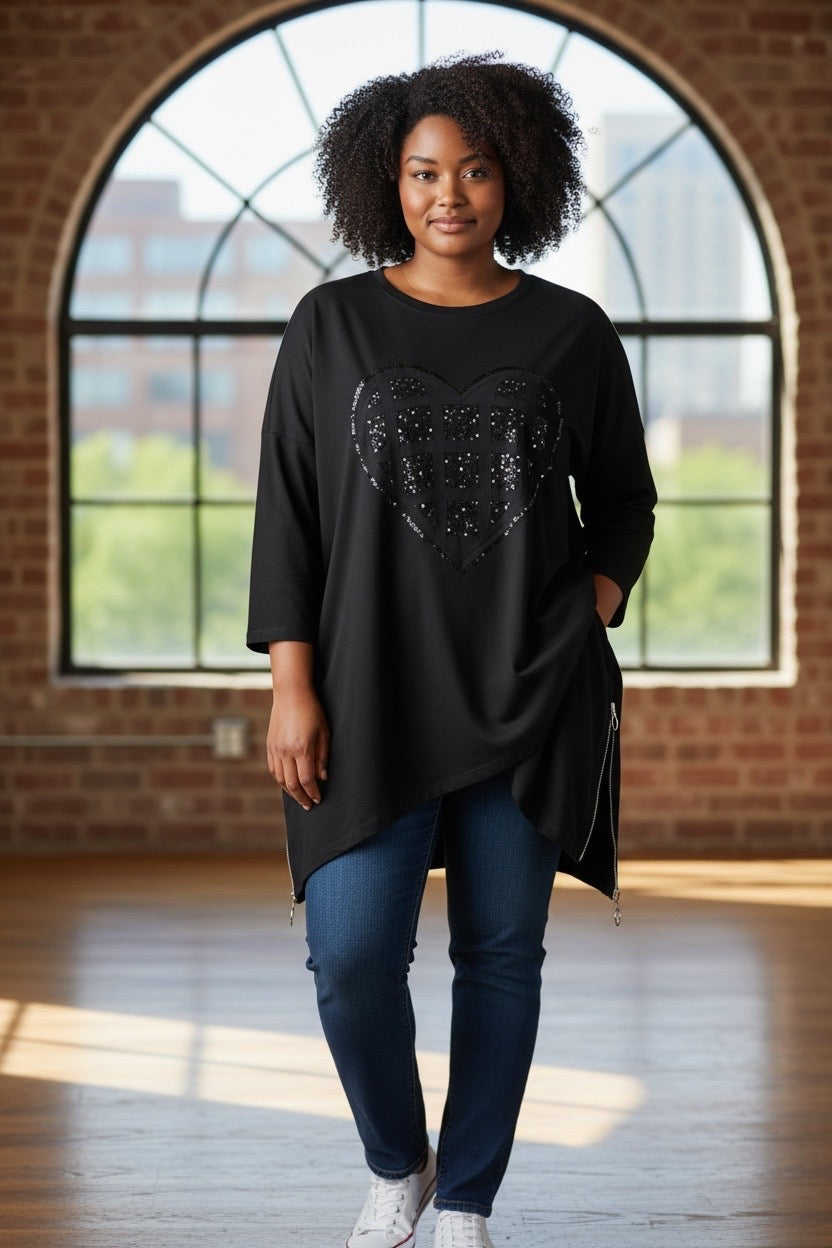 Schwarzer Pullover mit Herzmotiv, Einheitsgröße M 50-52-54