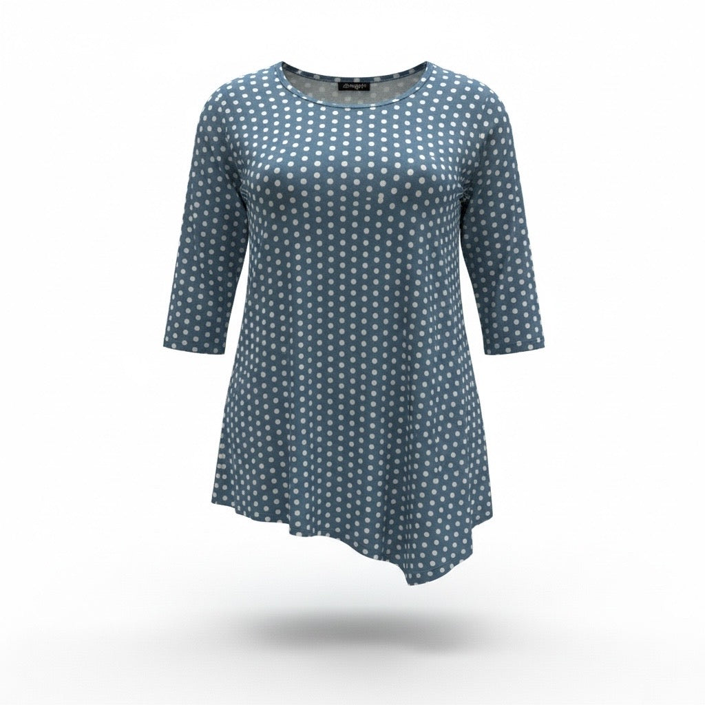 Magna polkadot asymmetrisch tuniek licht blauw /wit mt 52/54