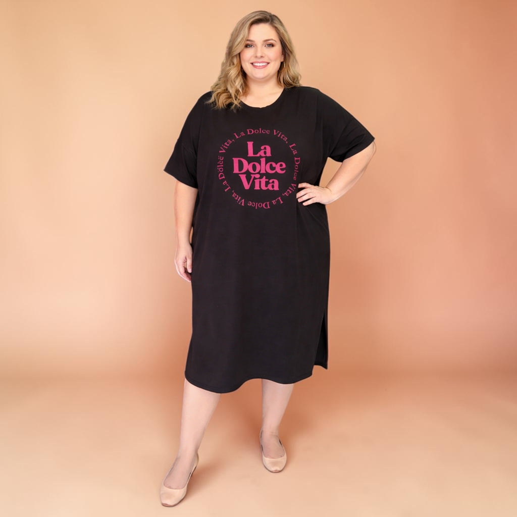Jurk zwart met opdruk knie lengte  Plus size (one size)