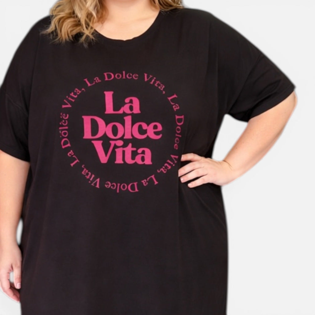 Jurk zwart met opdruk knie lengte  Plus size (one size)